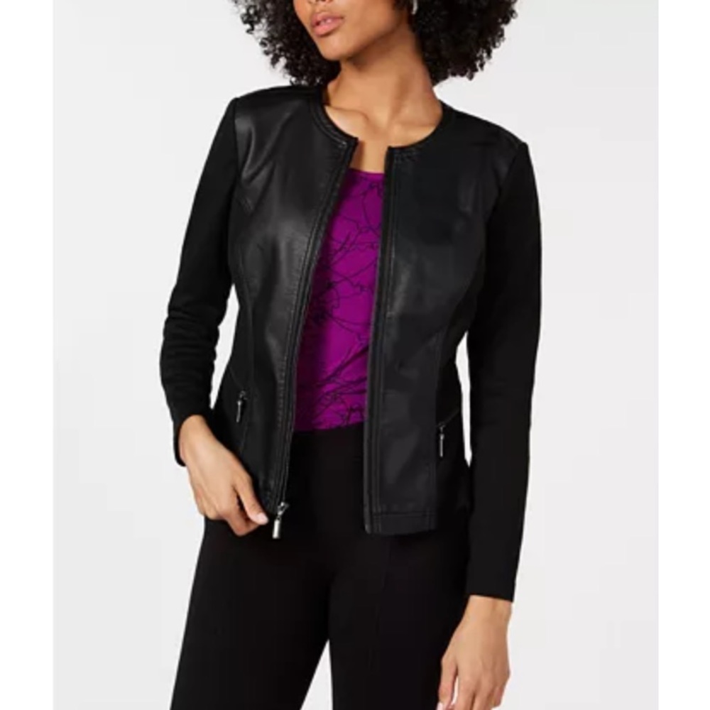 Alfani Petite Faux-Leather Mixed-Media Jacket